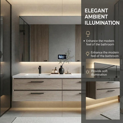 60”-84”Double Sink Floating Vanity with LED Mirror, Light Wood Cabinet & White Stone Top