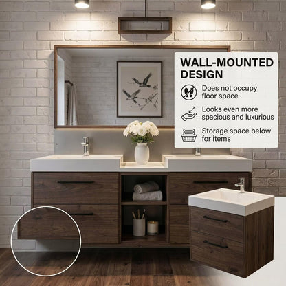 60"-96"Modern Wall-Mounted Bathroom Vanity with Open Shelf & Soft-Close Drawers