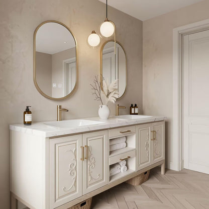 60"-96"Traditional Bathroom Vanity with Marble Top, Carved Doors & Storage