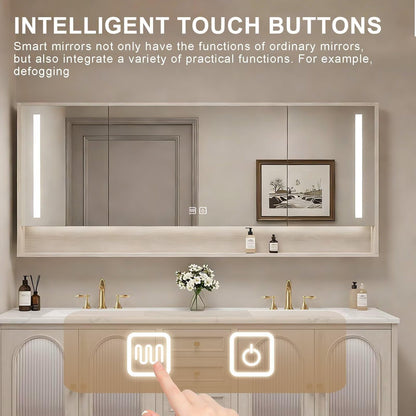 60”-84”Double Sink Bathroom Vanity with LED Mirrors, Wood Floating Cabinet with Marble Top, Modern French Country Style, Beige
