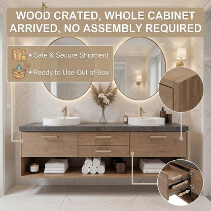 60”-96” Modern Wood Double Sink Vanity with Open Shelf, Dark Stone Top & Gold Handles
