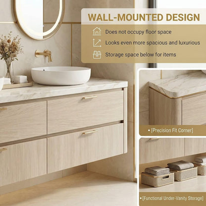 60"-96"Floating Oak Bathroom Vanity with Double Vessel Sinks & LED Oval Mirrors