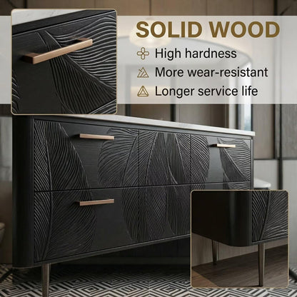 60”-112” Black Leaf-Carved Bathroom Vanity with Double Sinks & Marble Top