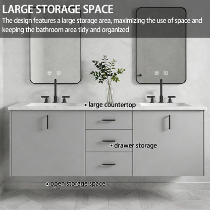 60"-84"Modern Minimalist Bathroom Vanity with Marble Countertop & Double Sinks