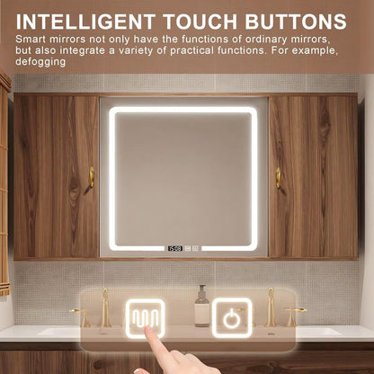 60”-84”Floating Double Sink Bathroom Vanity with LED Smart Mirror, Wall Mounted Walnut Wood Vanity with Storage Cabinets & Drawers