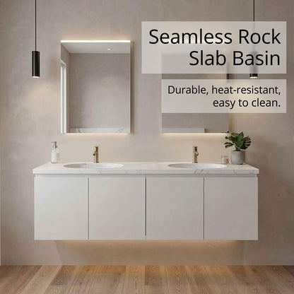 60”-96”Modern White Wall-Mounted Vanity with Double Sinks, Marble Top & LED Lighting