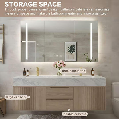 60"-84"Modern Light Oak Floating Bathroom Vanity with Double Sinks & Marble Top