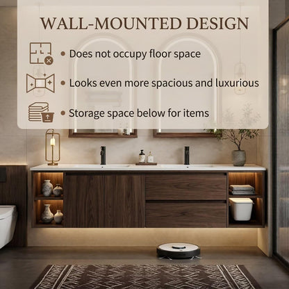 60"-96"Dark Walnut Floating Bathroom Vanity with LED Arched Mirrors & Open Shelves