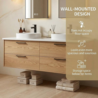 60"-84"Light Oak Floating Bathroom Vanity Set with LED Mirrors & Black Handles