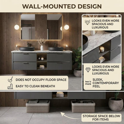 60”-84”Double Sink Floating Bathroom Vanity with LED Mirror, Dark Gray Cabinet & Black Vessel Sinks