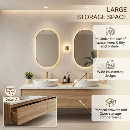 60"-84"Light Wood Wall-Mounted Vanity with White Marble Top & Soft-Close Drawers for Bathroom