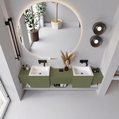 60"-96"Sage Green Floating Bathroom Vanity with Double Vessel Sinks & LED Round Mirror