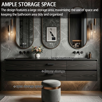 60”-84”Double Sink Floating Bathroom Vanity with Oval Mirrors, Dark Walnut Wood Cabinet