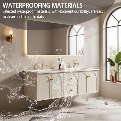 60"-84"Floating Cream Bathroom Vanity with Marble Top & LED Backlit Mirror