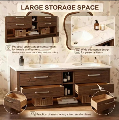 60”-96” Dark Wood Bathroom Vanity with Double Sinks & Irregular LED Mirrors