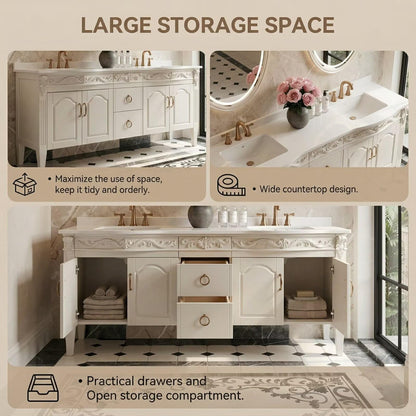 60"-96"White Traditional Bathroom Vanity with Double Sinks & LED Oval Mirrors
