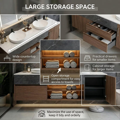 60”-96”Modern Floating Bathroom Vanity with Marble Top, LED Open Shelf & Smart Mirror