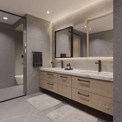 60”-96”Natural Wood Bathroom Vanity with Double Sinks & 6 Drawer Storage