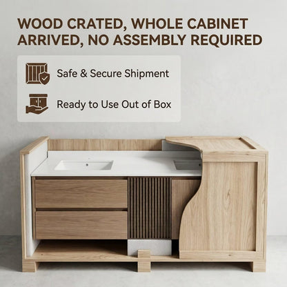 60”-96” Light Oak Floating Bathroom Vanity with Double Sinks & LED Mirror Cabinet