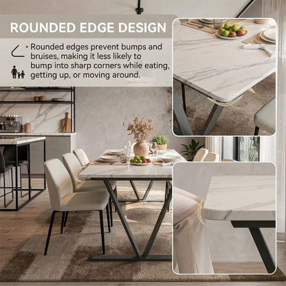 60"-80"Modern Rectangular Dining Table, White Stone Top with Black V-Shaped Metal Base