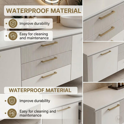 60"-84"Floating Bathroom Vanity with Double Sink, LED Oval Mirror & Reeded Cabinet Doors