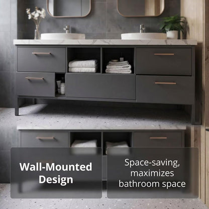 60"-96"Grey Freestanding Bathroom Vanity with Double Vessel Sinks & Gold Frame Mirrors