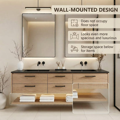 60"-84"Light Oak Floating Bathroom Vanity Set with Black Countertop & Handles