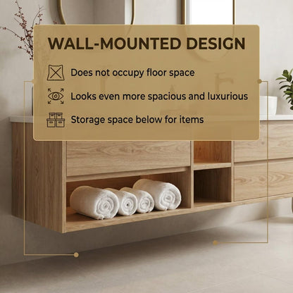60"-84"Light Oak Floating Bathroom Vanity Set with Oval Gold Mirrors & Open Storage