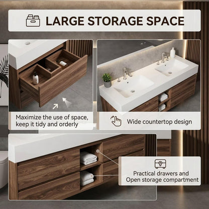 60"-84"Dark Walnut Floating Bathroom Vanity Set with LED Mirror & Open Shelves