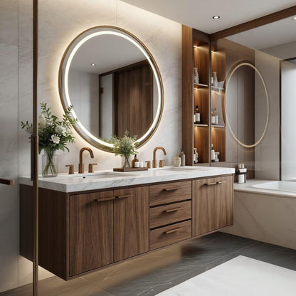 60"-96"Luxury Bathroom Vanity with Dark Walnut Finish & LED Lighted Round Mirror
