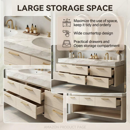 60"-84"Luxury Wall-Mounted Double Sink Vanity with LED Oval Mirrors & Gold Handles