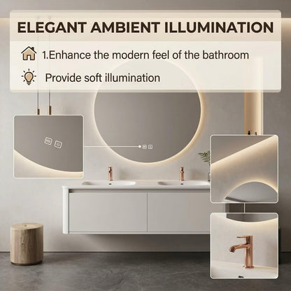 60"-84"Modern Floating Bathroom Vanity Set with LED Round Mirror & Rose Gold Handles