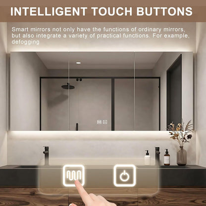 60”-84”Double Sink Floating Bathroom Vanity with LED Mirror Cabinet, Walnut Wood Vanity with Black Stone Top & Open Shelf
