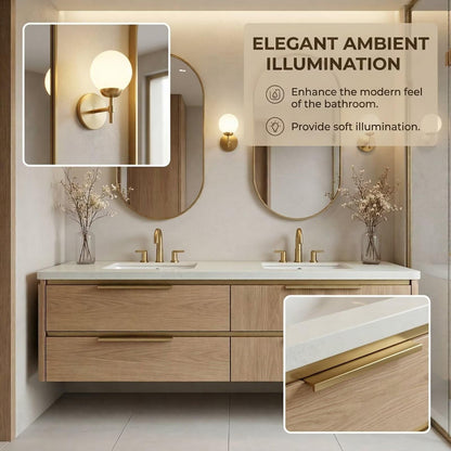 60"-84"Modern Oak Floating Bathroom Vanity with Double Sinks & Gold Oval Mirrors