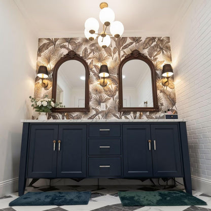 60”-96”Navy Blue Double Sink Bathroom Vanity with Marble Top & Arched Mirrors