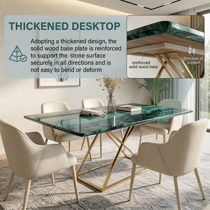 60"-80"Luxury Green Marble Dining Table, Rectangular Table with Sleek Gold Metal Legs