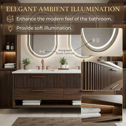 60"-96"Walnut Fluted Bathroom Vanity with Double Sinks & LED Gold Oval Mirrors