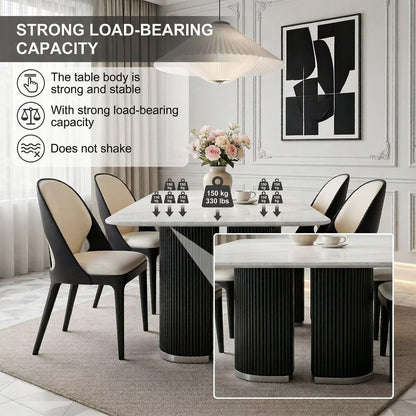 60"-80"White Marble Dining Table with Black Ribbed Base, Modern Rectangular Kitchen Table