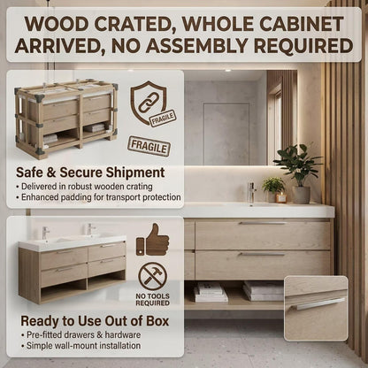 60"-96"Modern Wood Vanity with Integrated Countertop & Open Shelf Storage