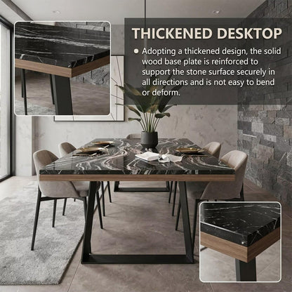 60"-80"Black Marble Dining Table with Black Metal Base, Modern Rectangular Kitchen Table