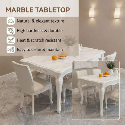 60"-80"White French Country Dining Table Set with 6 Chairs, Carved Wood, Seats 6