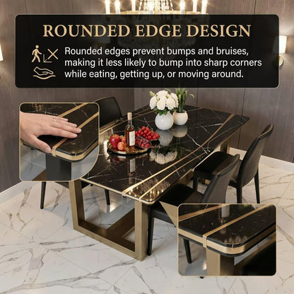 56"-96"Luxury Black Marble Dining Table with Gold Inlay & Sturdy Black Wood Base for Dining Room