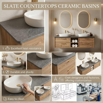 60”-96” Light Oak Floating Bathroom Vanity with Double Sinks & LED Oval Mirrors