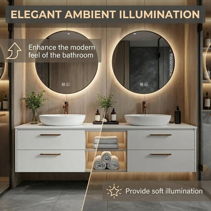 60“-84”Modern Floating Double Bathroom Vanity with LED Round Mirror & White Ceramic Sink