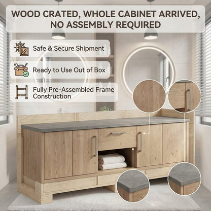 60"-96"Light Oak Floating Bathroom Vanity with Double Vessel Sinks & LED Round Mirrors