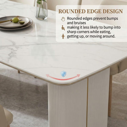 60"-80"Modern Rectangular White Sintered Stone Dining Table with Fluted Base, Seats 6