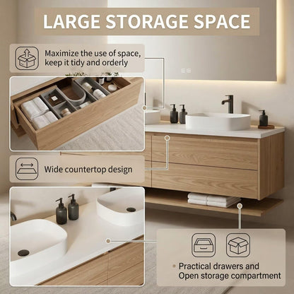 60"-84"Modern Floating Oak Bathroom Vanity with Double Vessel Sinks & LED Smart Mirror