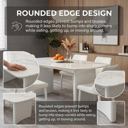 60"-80"White Marble Dining Table with Glossy Base, Modern Rectangular Kitchen Table