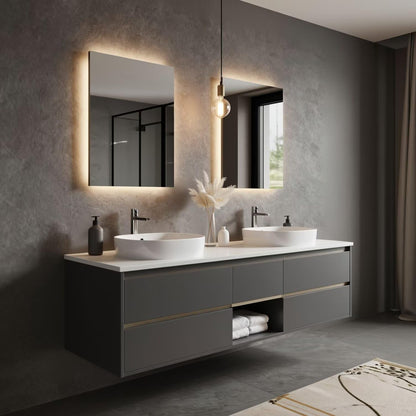 60"-84"Modern Dark Gray Floating Bathroom Vanity with Double Sinks & LED Backlit Mirrors