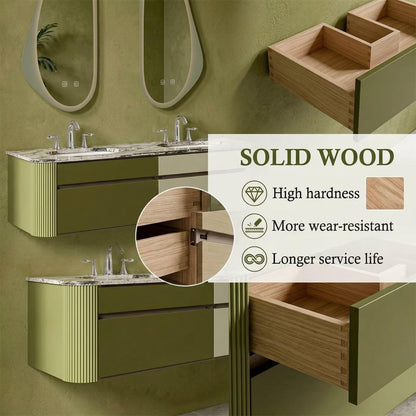 60"-96"Modern Wall-Mounted Bathroom Vanity with Marble Top & Fluted Side Panels